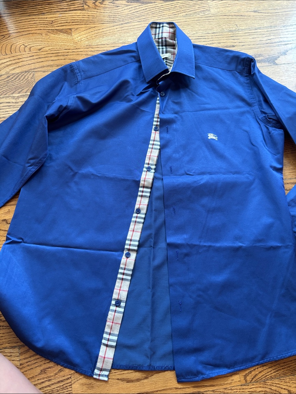 Burberry Royal Blue Button-Up Shirt with Signature Check Trim